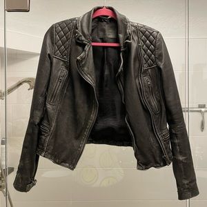 All Saints cargo distressed leather biker jacket in black. Size 6.